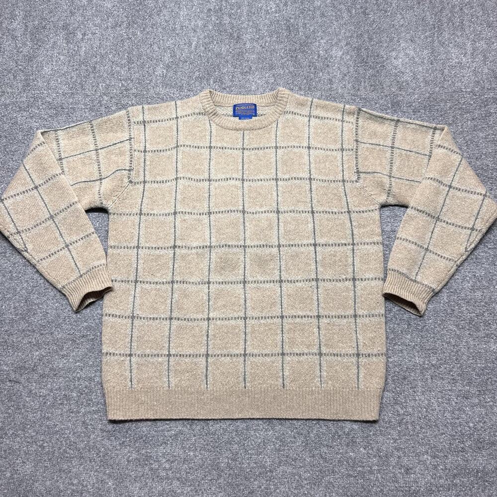 Vintage Pendleton Sweater Mens Large Beige Wool Crewneck Windowpane Knit